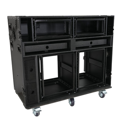 ProX PRADO Mobile AV Broadcasting Streaming Recording Studio Workstation Case with 2x 4U Top 2x 12U Bottom Front Slamr Door All Black