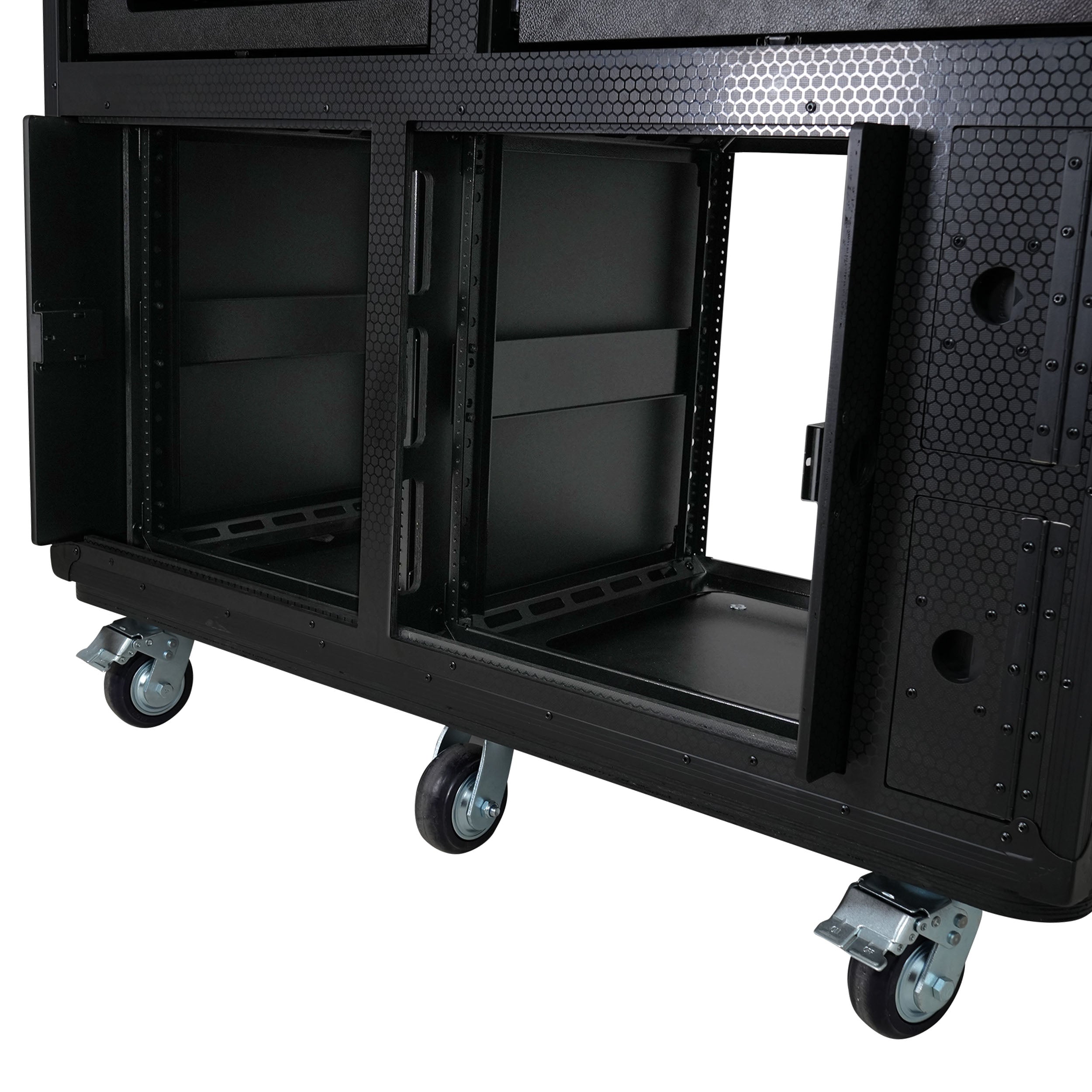 ProX PRADO Mobile AV Broadcasting Streaming Recording Studio Workstation Case with 2x 4U Top 2x 12U Bottom Front Slamr Door All Black