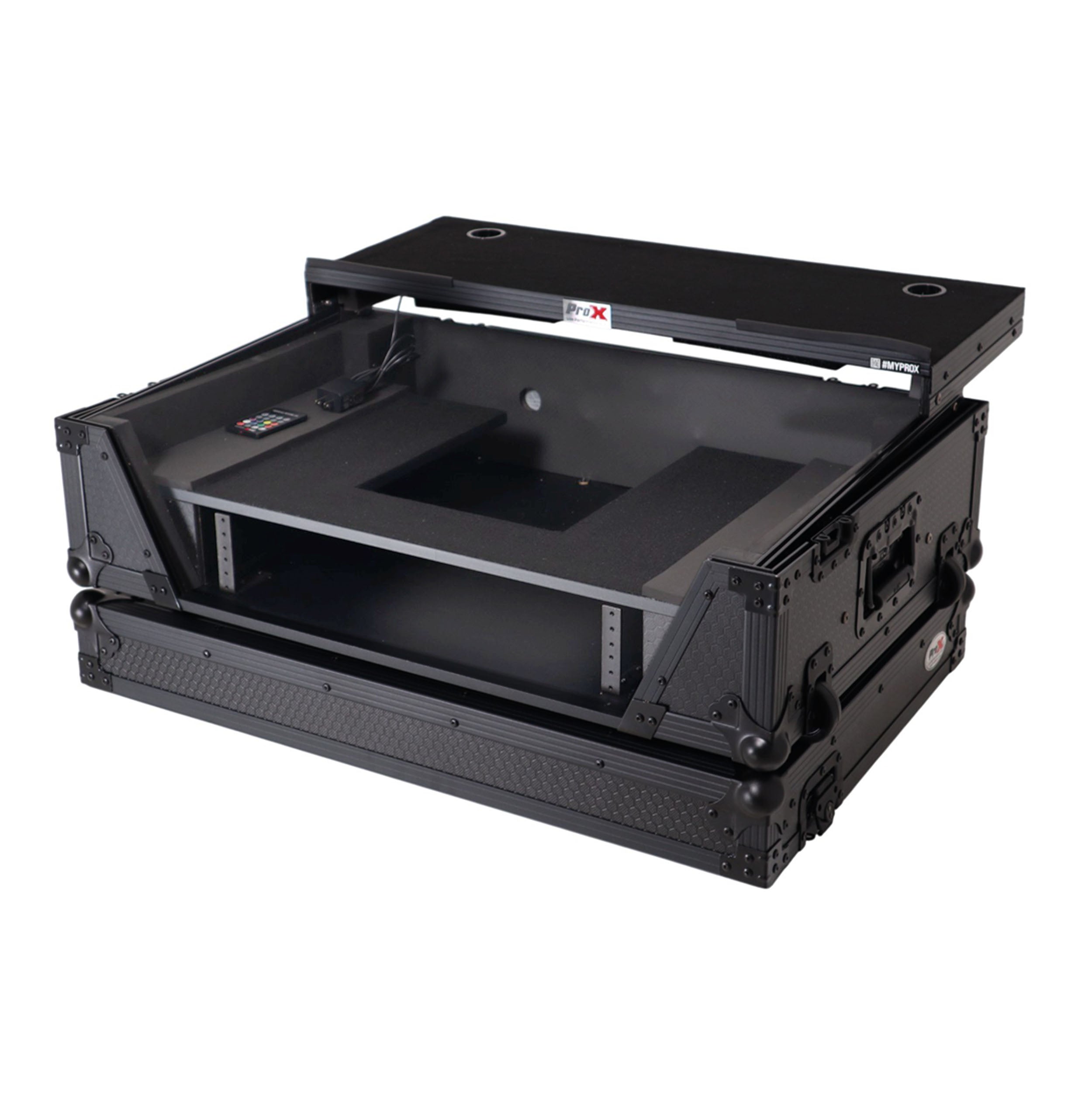 ProX 2U Flight Road Case For Pioneer DDJ-FLX10 REV5 REV7 DJ Controller with Laptop Shelf Wheels LED Black Finish