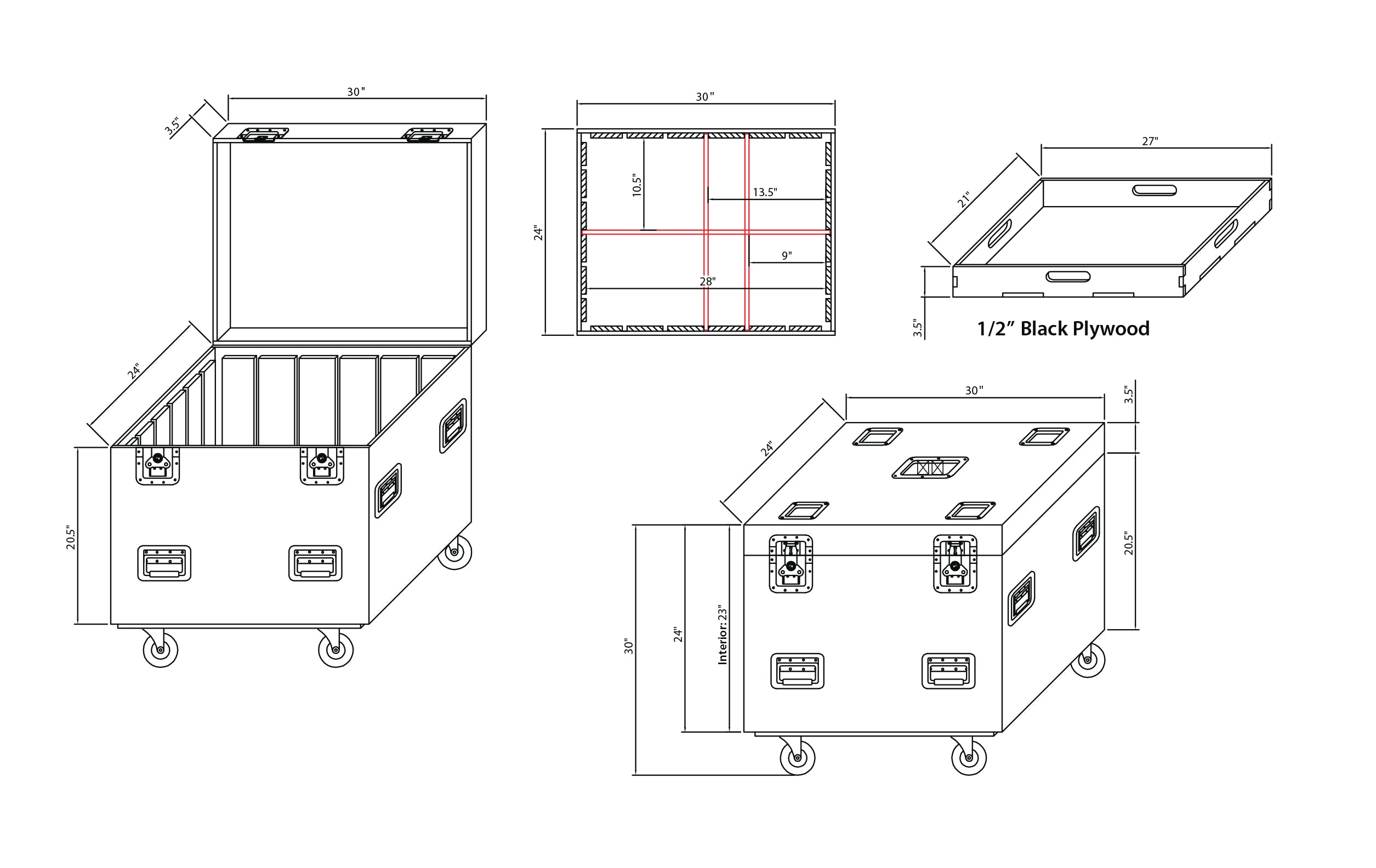 ProX TruckPax Utility ATA Flight Case Truck Storage Road Case with Dividers Tray and 4" in casters – 24"x30"x30" Ext