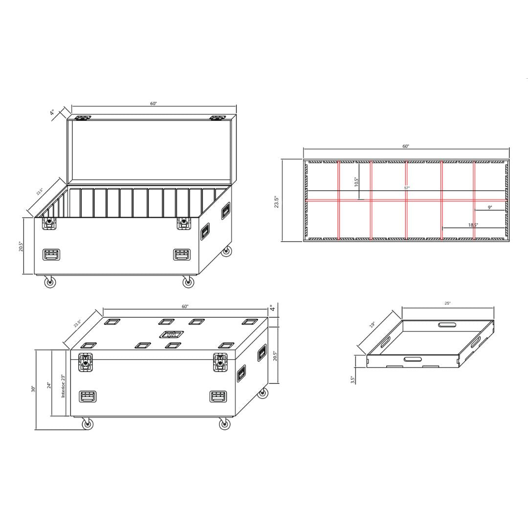 ProX TruckPax Utility ATA Flight Case Truck Storage Road Case with Dividers Tray and 4" in casters - 24"x60"x30" Ext