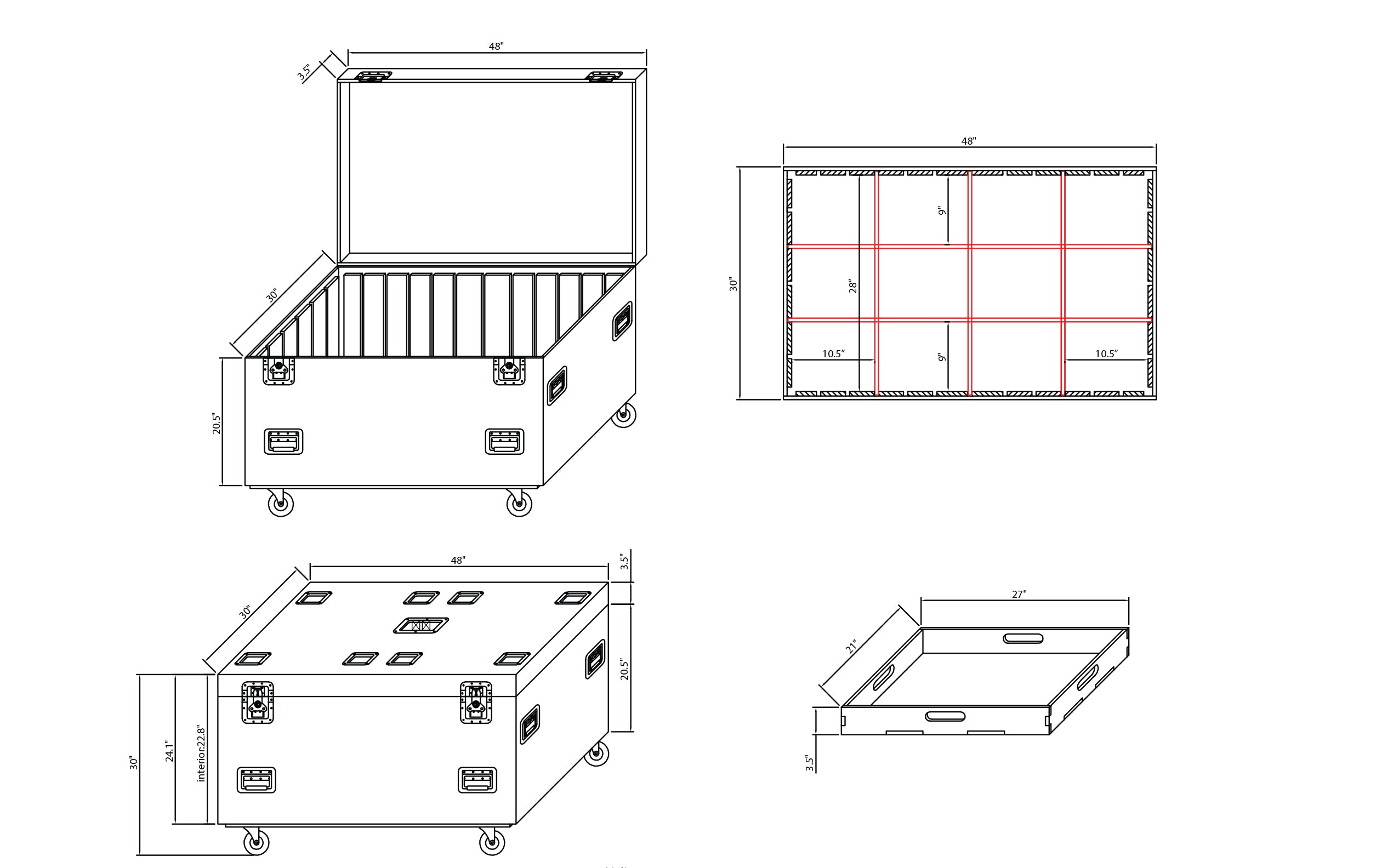 ProX TruckPax Utility ATA Flight Case Truck Storage Road Case with Dividers Tray and 4" in casters – 48"x30"x30" Ext