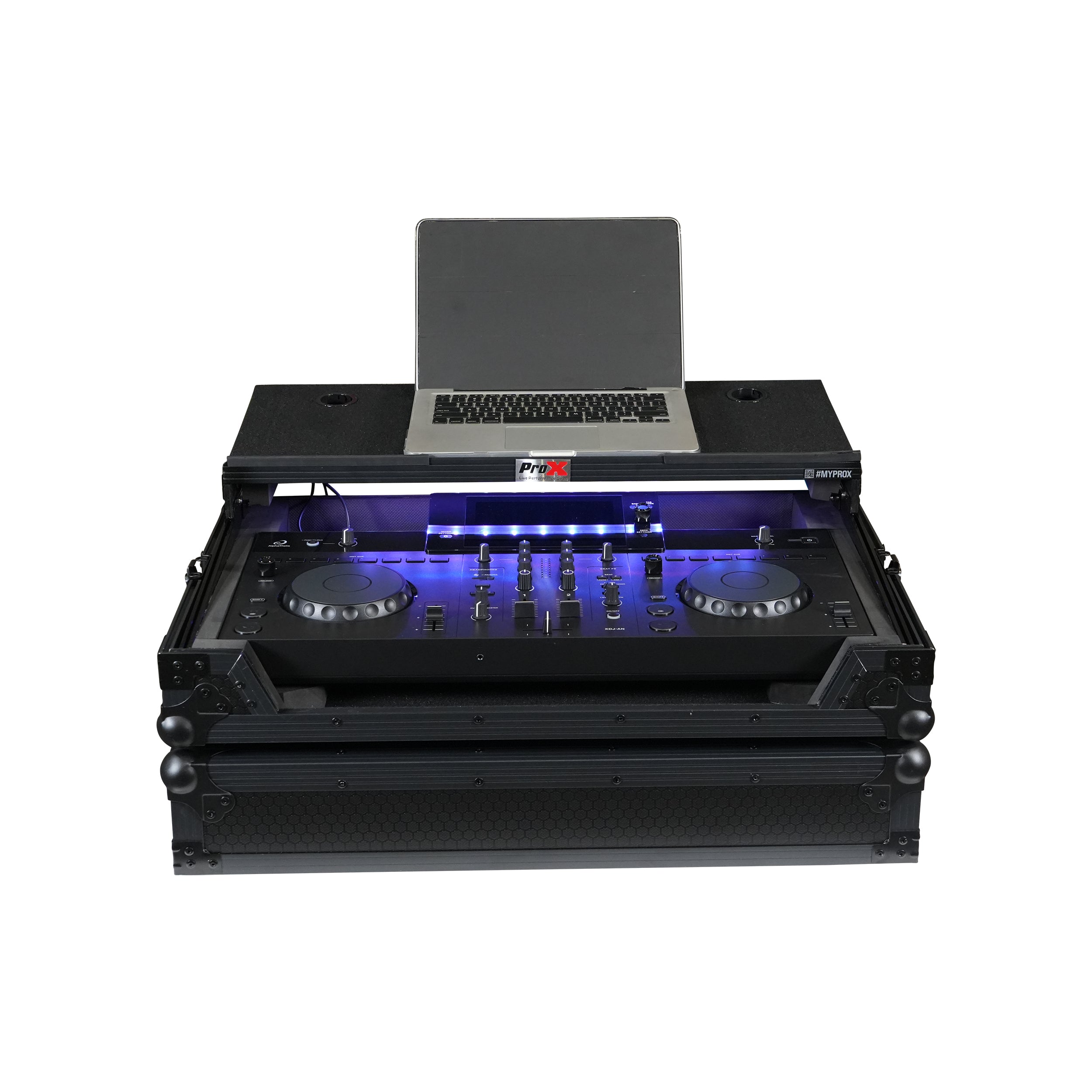 ProX XS-XDJANLTBLLED ATA Flight Case for AlphaTheta XDJ-AN DJ Controller with Laptop Shelf and RGB LED All Black