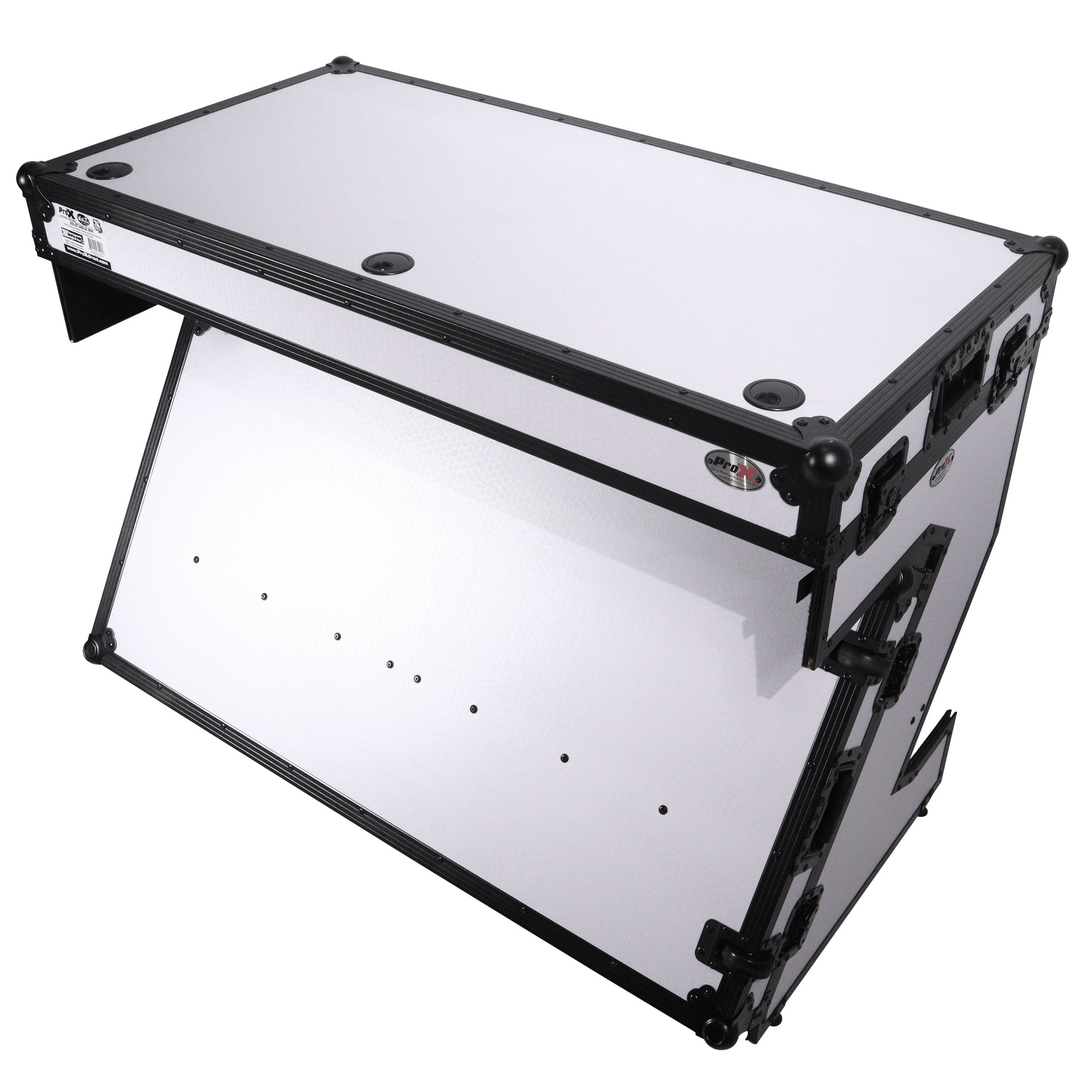 ProX Z-Table Folding DJ Table Mobile Workstation Flight Case Style with Handles and Wheels - Black White Finish