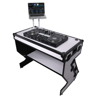 ProX Z-Table Folding DJ Table Mobile Workstation Flight Case Style with Handles and Wheels - Black White Finish