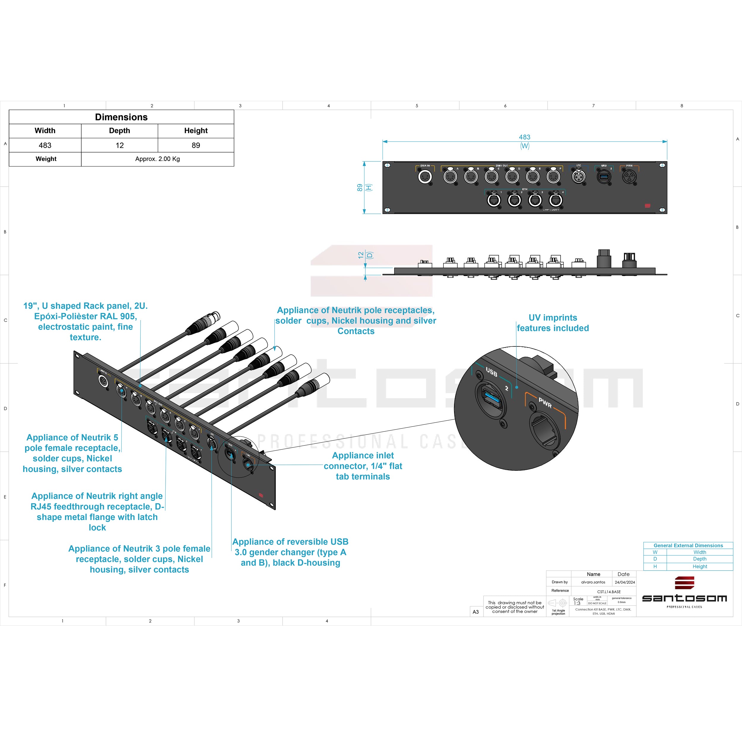 ProX Connection System Light 2U (PWR,LTC,DMX,ETH,USB) by Santosom