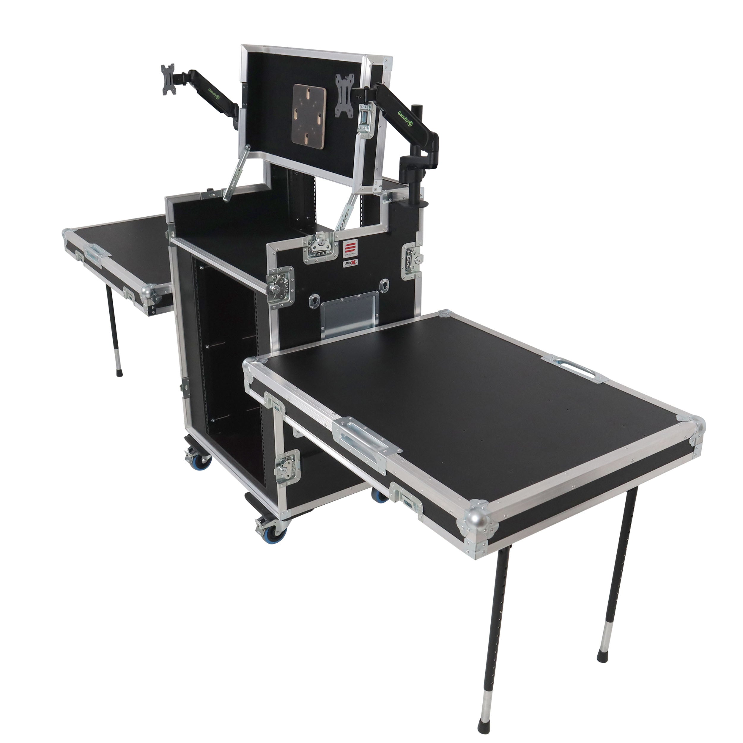 ProX Video Control Workstation Flight Case 16U + 5U Rack with Dual Side Tables & Triple Monitor Mount by Santosom