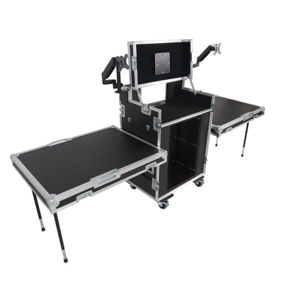 ProX Video Control Workstation Flight Case 16U + 5U Rack with Dual Side Tables & Triple Monitor Mount by Santosom