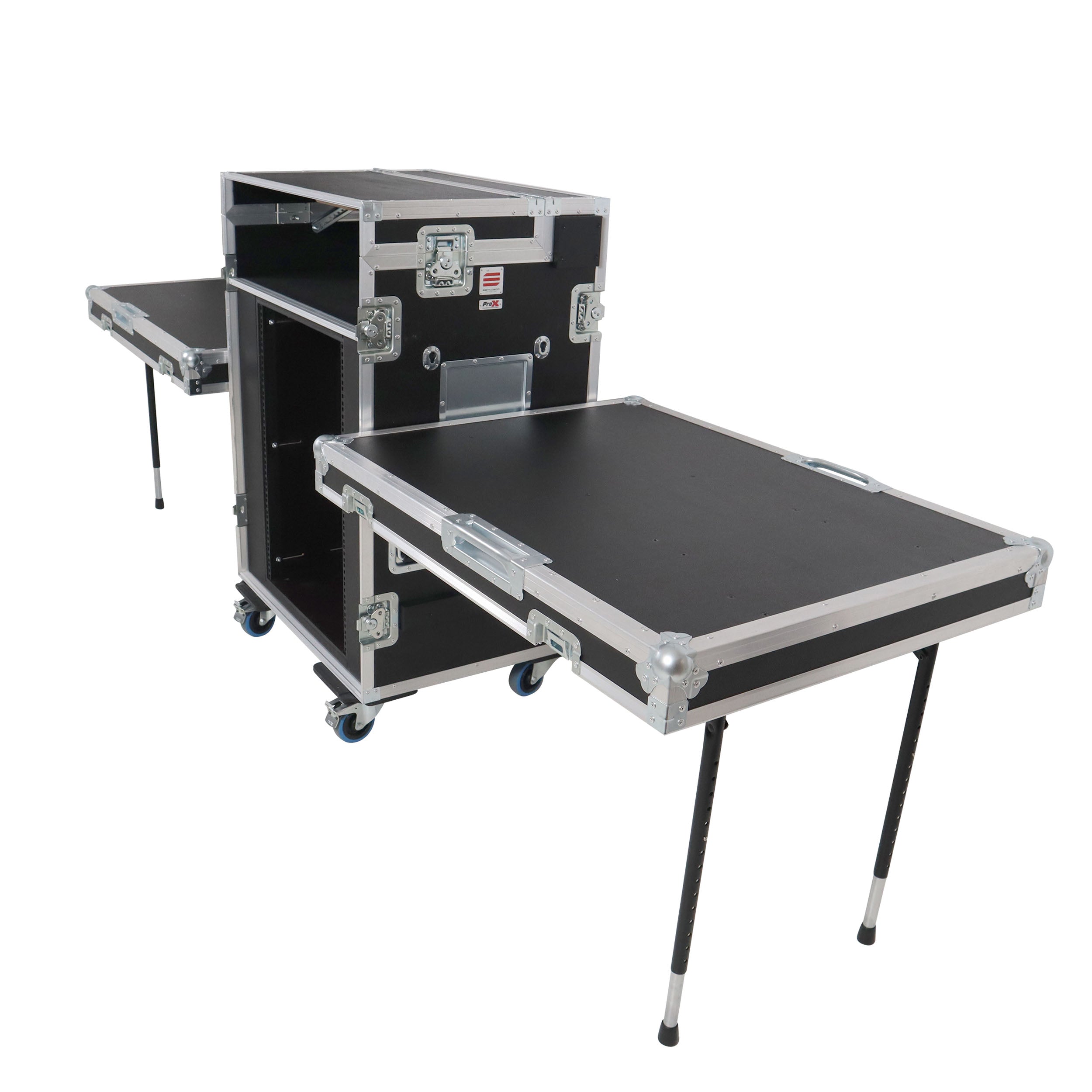 ProX Video Control Workstation Flight Case 16U + 5U Rack with Dual Side Tables & Triple Monitor Mount by Santosom
