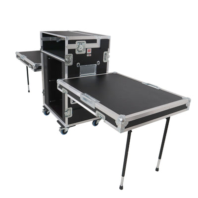 ProX Video Control Workstation Flight Case 16U + 5U Rack with Dual Side Tables & Triple Monitor Mount by Santosom