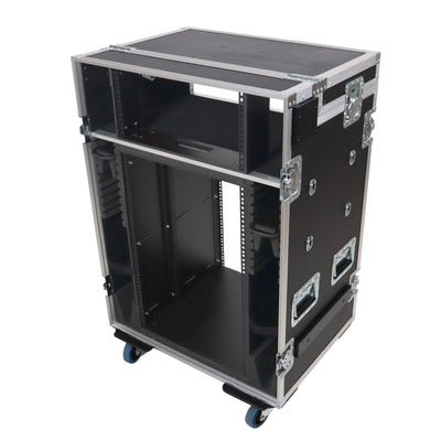ProX Video Control Workstation Flight Case 16U + 5U Rack with Dual Side Tables & Triple Monitor Mount by Santosom
