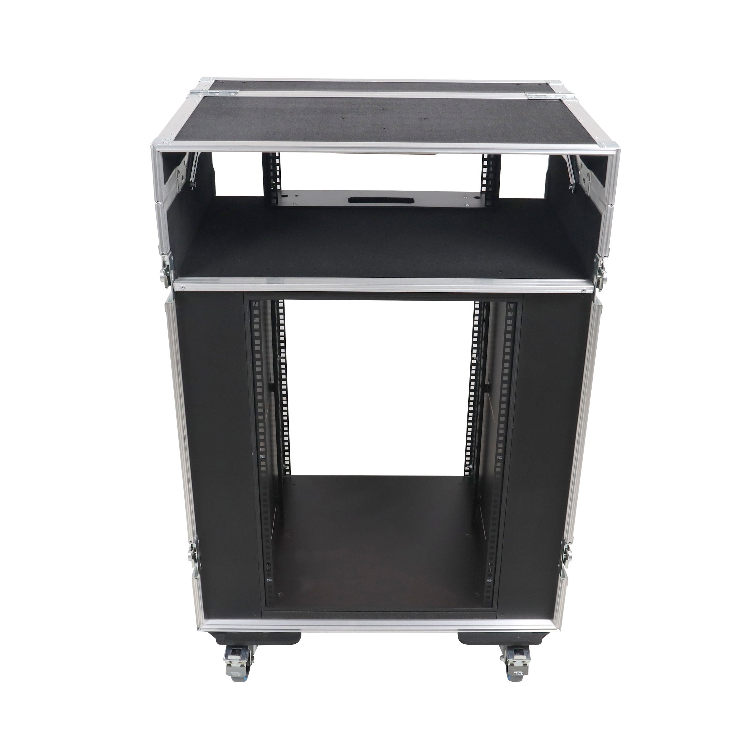 ProX Video Control Workstation Flight Case 16U + 5U Rack with Dual Side Tables & Triple Monitor Mount by Santosom