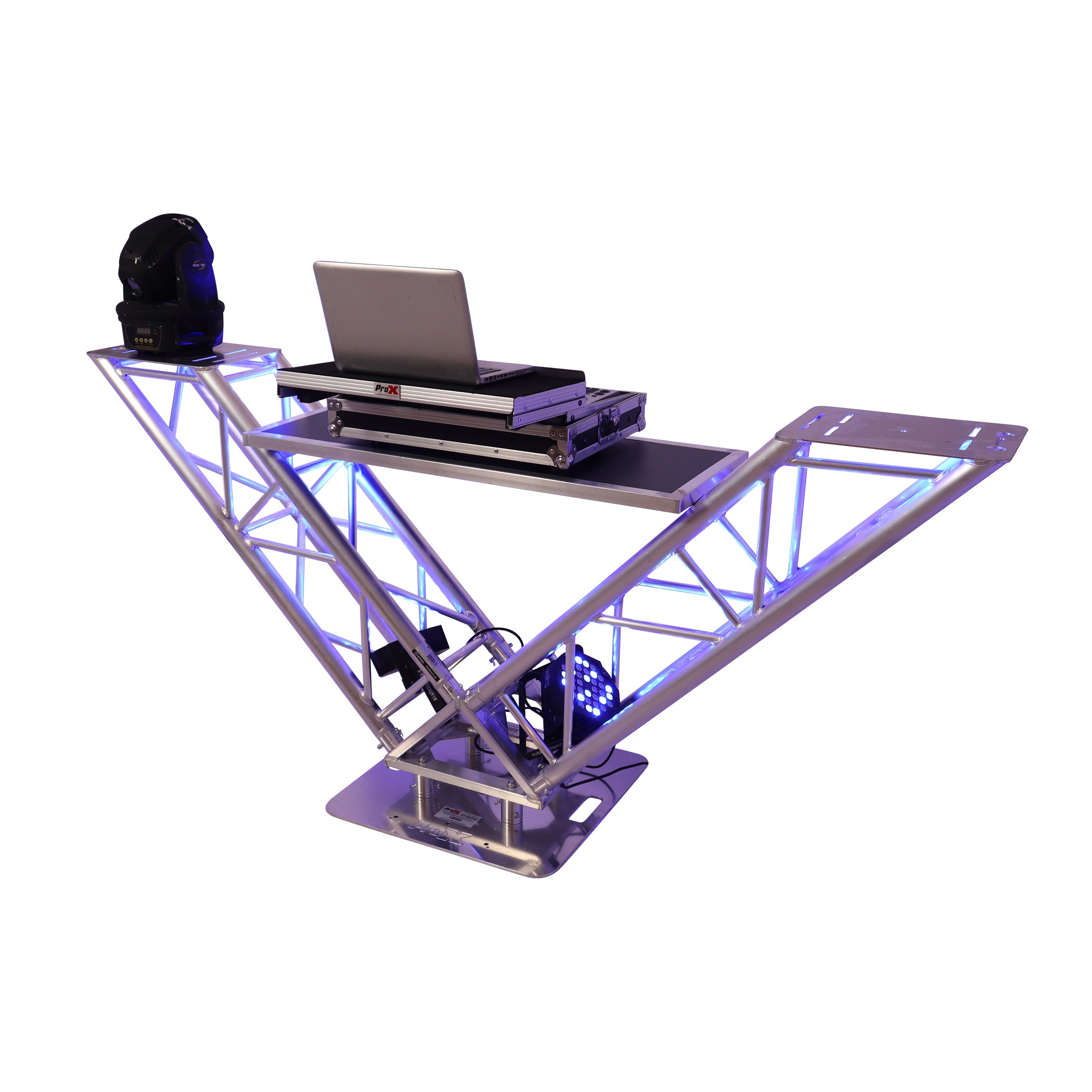 ProX XT-VERRAZANO24 - VERRAZANO V-Shape Aluminum Truss DJ Table with Elevated Monitor Shelves and 24" Base Plate.
