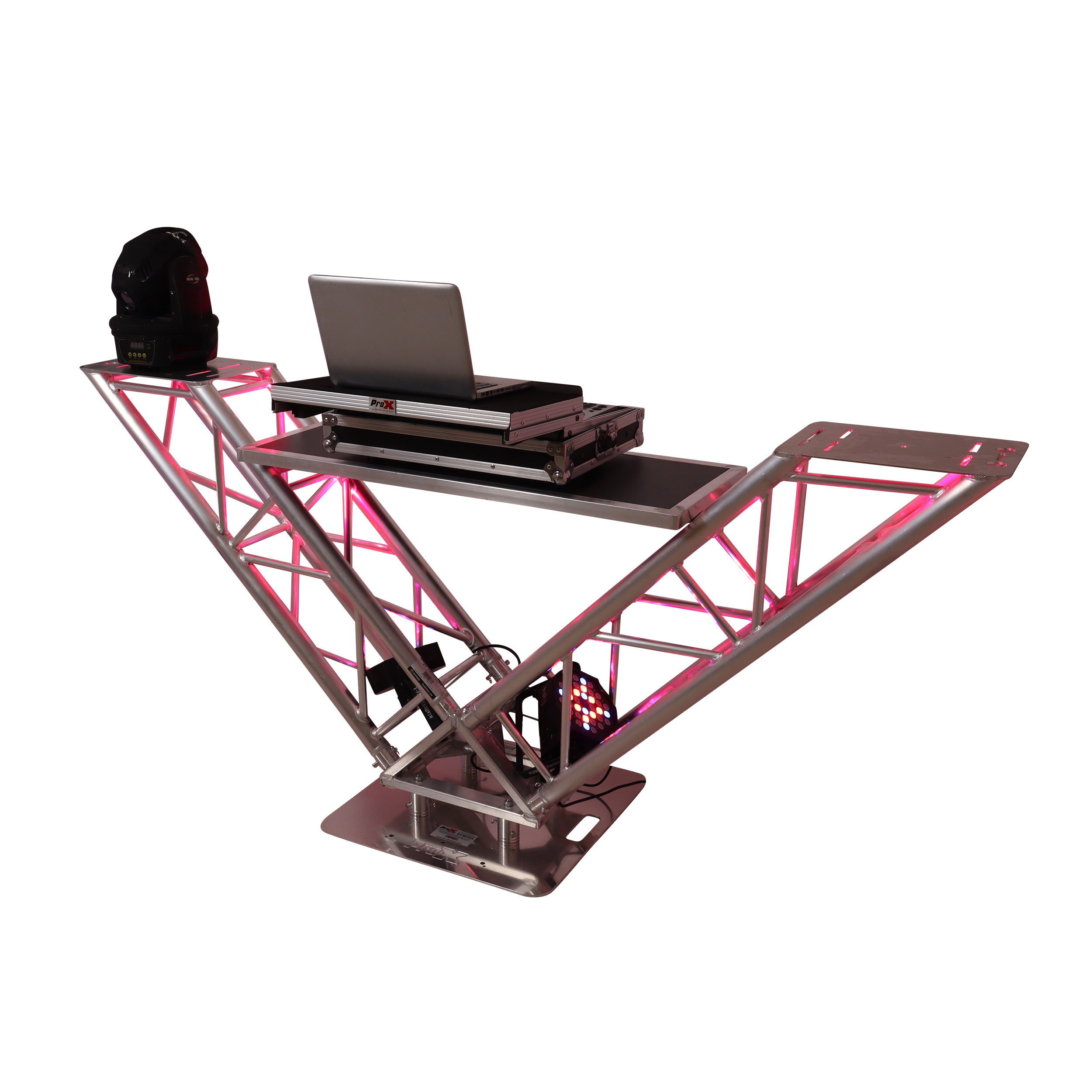ProX XT-VERRAZANO24 - VERRAZANO V-Shape Aluminum Truss DJ Table with Elevated Monitor Shelves and 24" Base Plate.