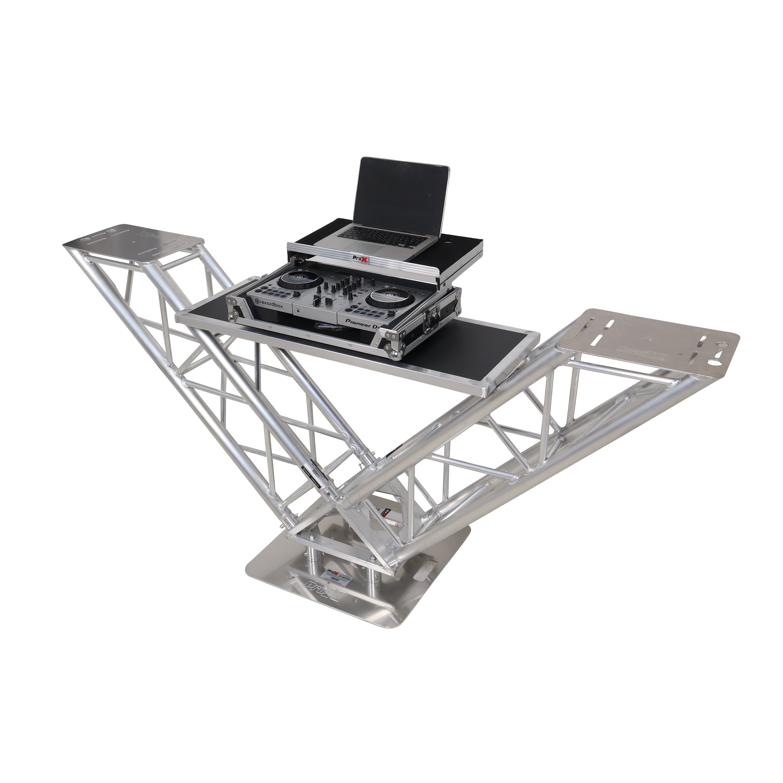 ProX XT-VERRAZANO24 - VERRAZANO V-Shape Aluminum Truss DJ Table with Elevated Monitor Shelves and 24" Base Plate.