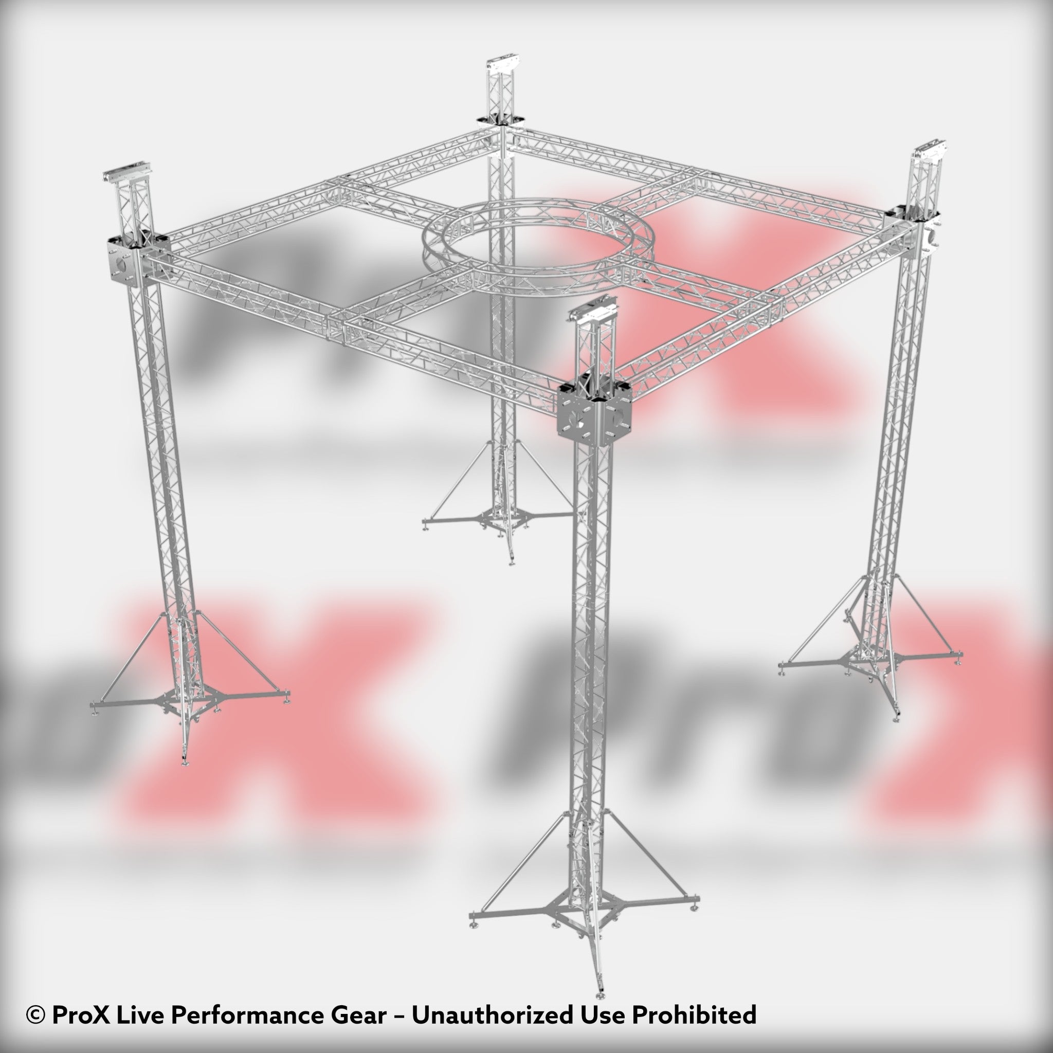 ProX F34 Stage Roofing Truss System with Ground Support, Circular Truss and Chain Hoists – 21x21x23 Ft. Circle in Center