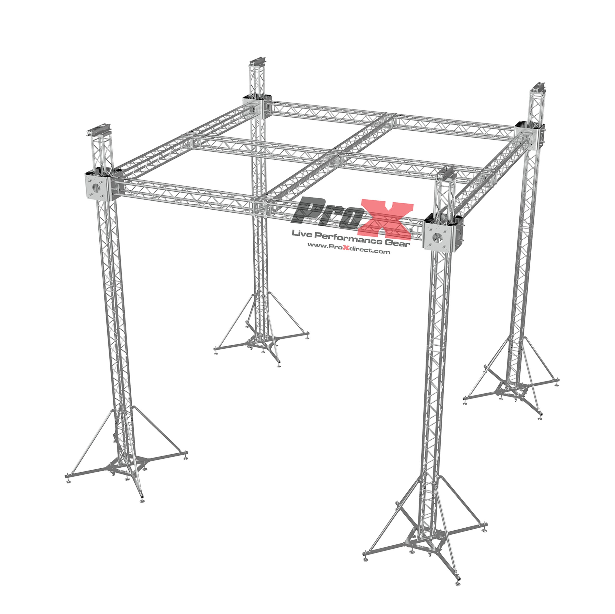 ProX F34 Stage Roofing Ground Support Truss System with F34 Center Cross and Chain Hoists – 21 x 21 x 23 Ft