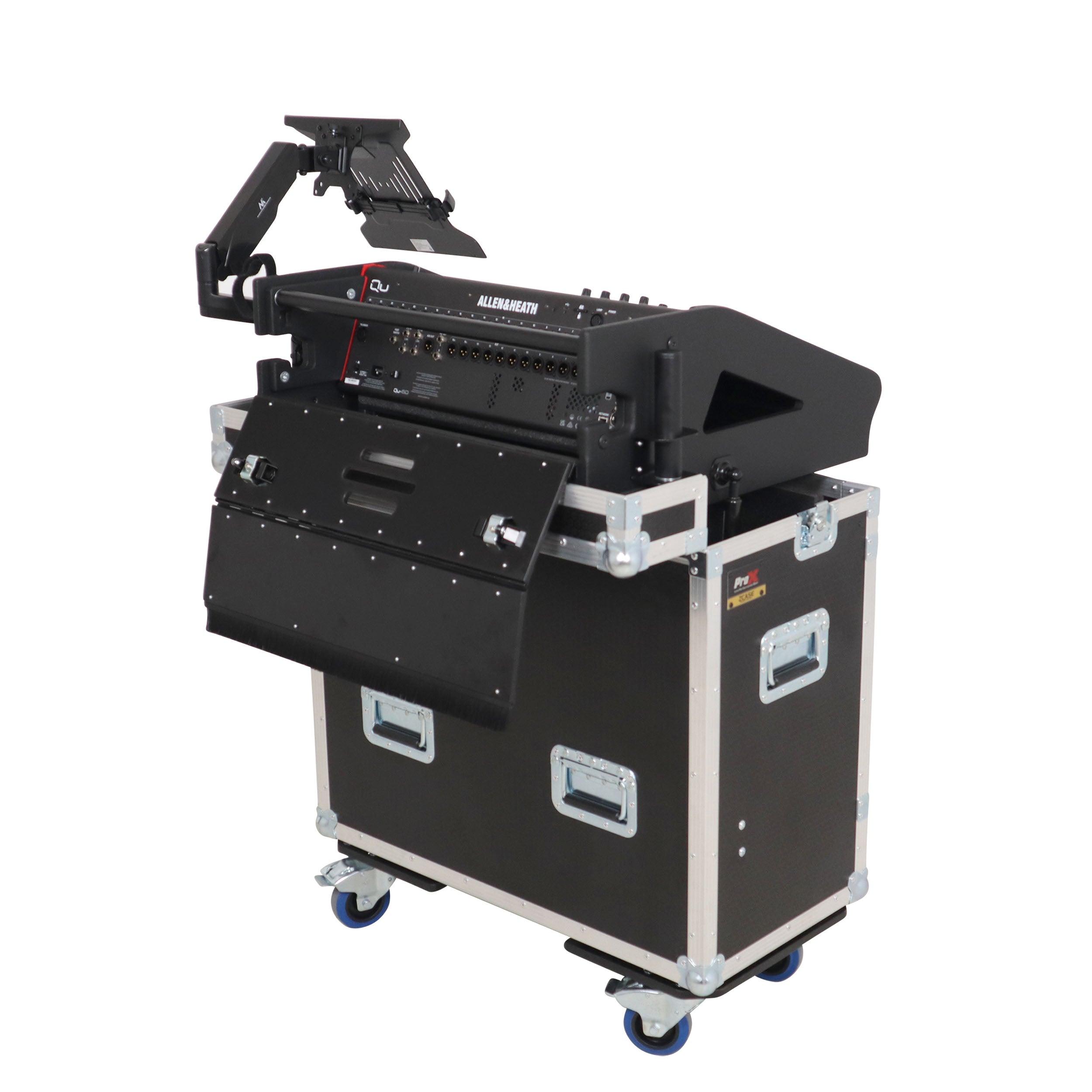 ProX Allen and Heath QU-6 Flip-Ready Hydraulic Console Easy Retracting Lifting Case 1U and Laptop Display Arm by ZCASE