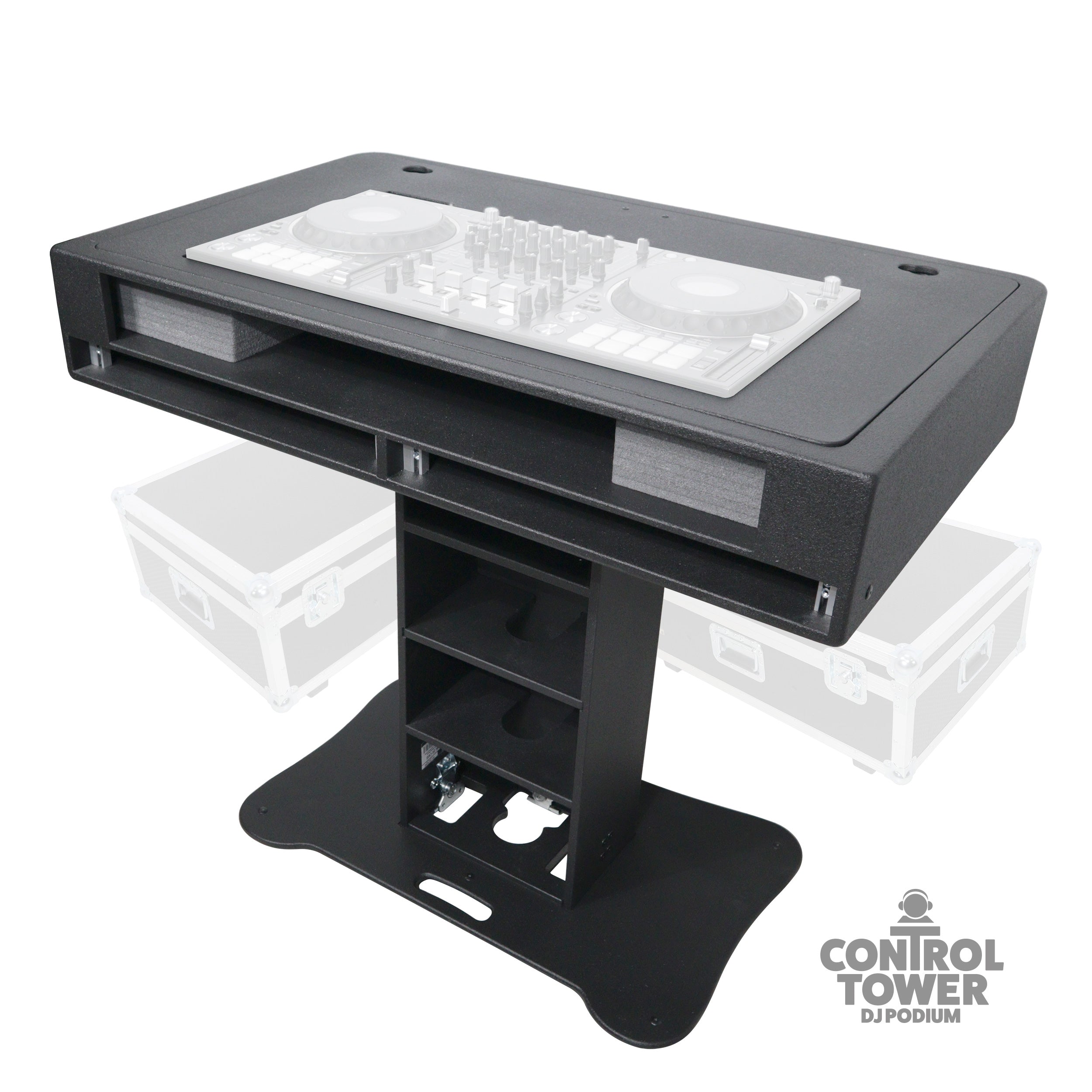 ProX Control Tower DJ Podium with Road Cases for Pioneer DDJ-REV7 XDJ-XZ FLX10 RANE Four - Black Finish