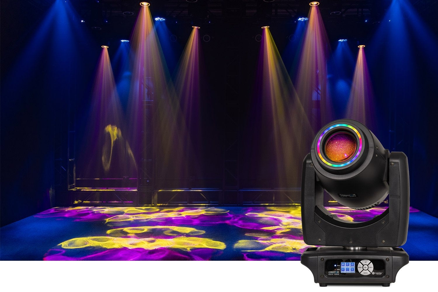 Colorkey Creator BSW 1200 - 200W LED Hybrid Moving Head Luminaire Blending Beam, Spot, and Wash Functionality.