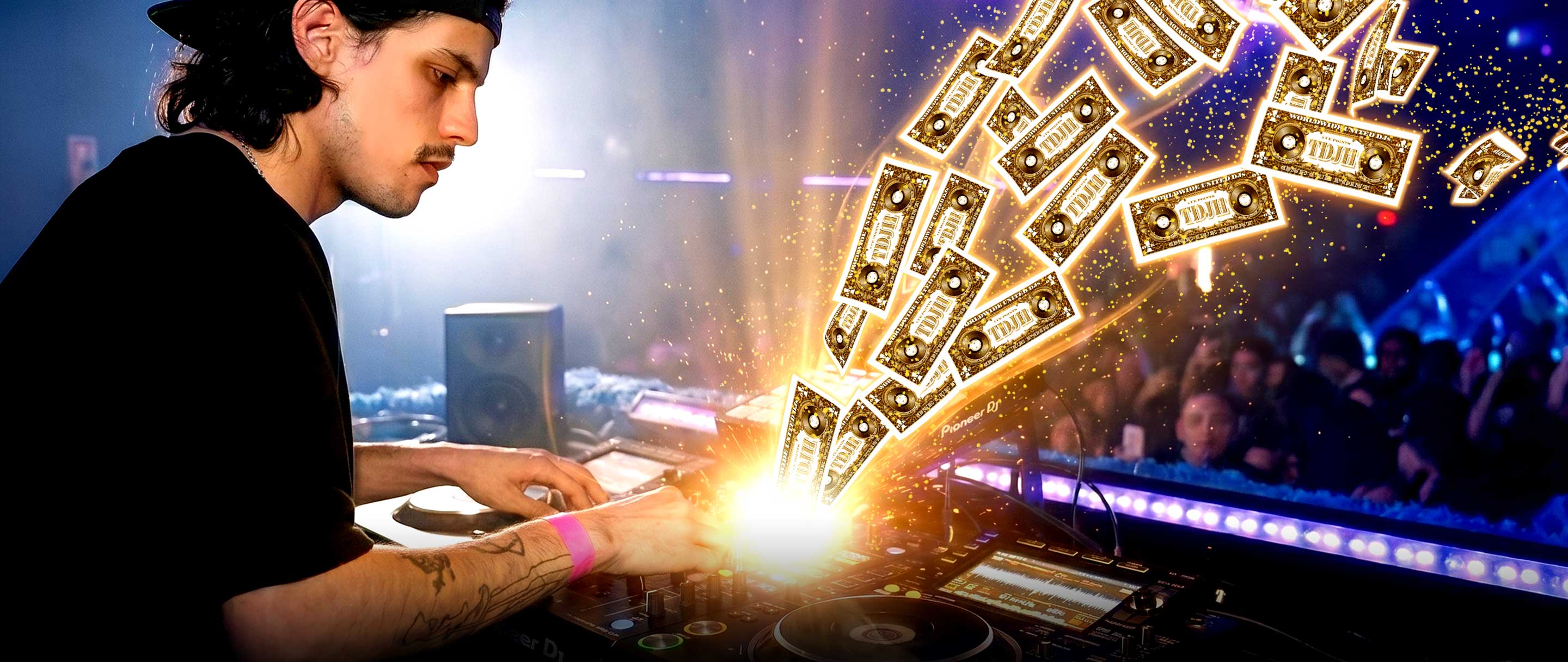 DJ at a concert with animated money icons and a cityscape in the background