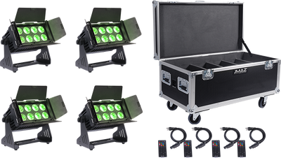 JMAZ PROFESSIONAL Electro Panel W8 4PK RGB+LIME Battery-Powered Outdoor LED Panel Light Kit w/ Charging Road Case