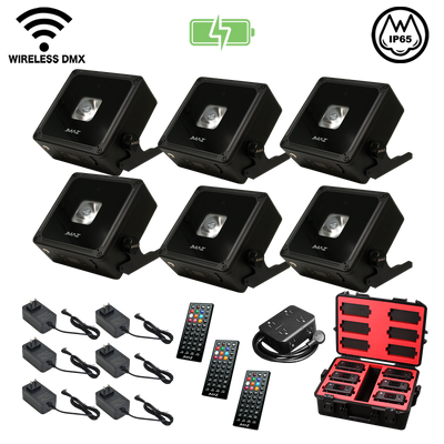 JMAZ MAD PAR BULLS IP 6-Pack RGBA LED IP65 Outdoor Battery-Powered Par Wash Lights with Wireless DMX, Diffusers, Remotes & Charging Transport Case