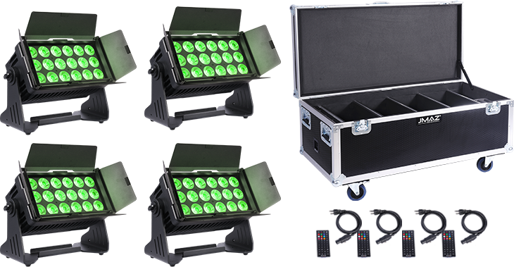 JMAZ PROFESSIONAL Electro Panel W18 4PK RGB+LIME Battery-Powered Outdoor LED Panel Light Kit w/ Charging Road Case