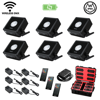 JMAZ MAD PAR PUCK 6-Pack RGBAL+C LED IP65 Outdoor Battery-Powered Par Wash Lights with Wireless DMX, Diffusers, Remotes & Charging Transport Case
