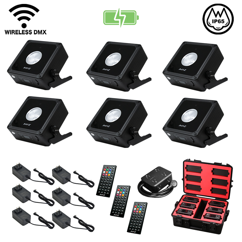 JMAZ MAD PAR PUCK 6-Pack RGBAL+C LED IP65 Outdoor Battery-Powered Par Wash Lights with Wireless DMX, Diffusers, Remotes & Charging Transport Case