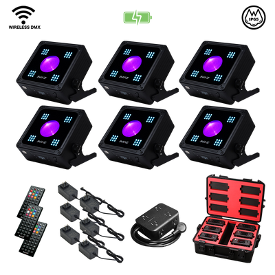 JMAZ MAD PAR RUBIX 6-Pack 20W RGBA + 36 × 0.5W RGBWW SMD LED IP65 Outdoor Battery-Powered Dual-Effect Par Wash Lights with Wireless DMX, Diffusers, Remotes & Charging Transport Case