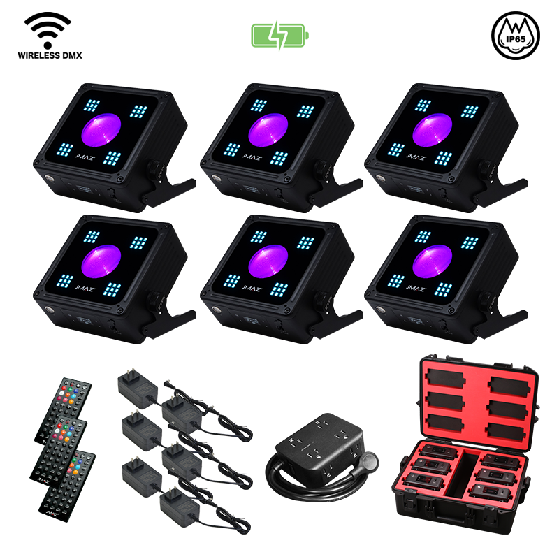 JMAZ MAD PAR RUBIX 6-Pack 20W RGBA + 36 × 0.5W RGBWW SMD LED IP65 Outdoor Battery-Powered Dual-Effect Par Wash Lights with Wireless DMX, Diffusers, Remotes & Charging Transport Case