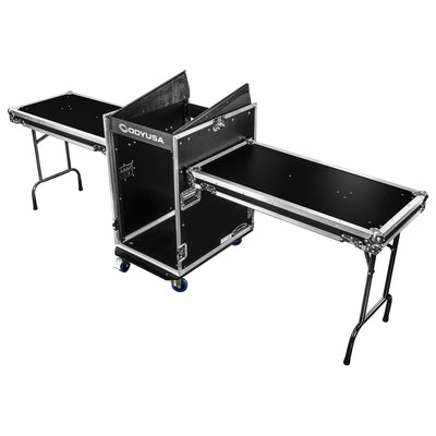 Odyssey FZ1416WDLX-II - Deluxe 14U Top Slanted 16U Bottom Vertical Pro Combo Rack with Two Side Tables and Casters.