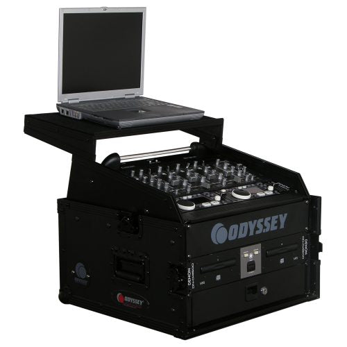 Odyssey FZGS1004BL - Black 10U Top Slanted 4U Bottom Vertical Pro Combo Rack with Glide Platform