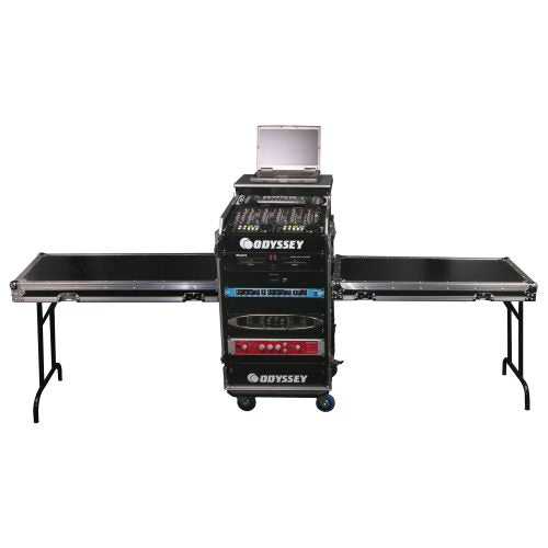 Odyssey FZGS1214WDLX-II - Deluxe 12U Top Slanted 14U Bottom Vertical Pro Combo Rack with Casters, Two Side Tables, and Glide Platform