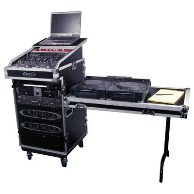 Odyssey FZGS1316WDLX - 13U Top Slanted 16U Bottom Vertical Pro Combo Rack with Casters, Side Table, and Glide Platform