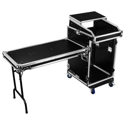 Odyssey FZGS1416WDLX - 14U Top Slanted 16U Bottom Vertical Pro Combo Rack with Casters, Side Table, and Glide Platform