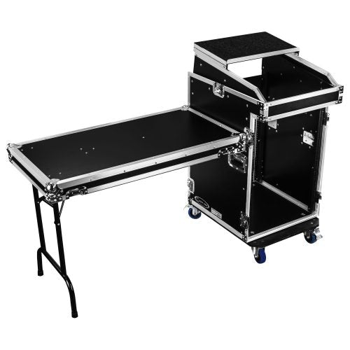 Odyssey FZGS1416WDLX - 14U Top Slanted 16U Bottom Vertical Pro Combo Rack with Casters, Side Table, and Glide Platform