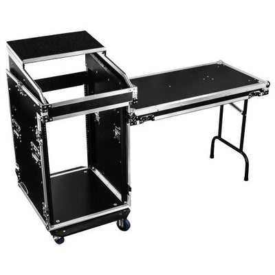 Odyssey FZGS1416WDLX - 14U Top Slanted 16U Bottom Vertical Pro Combo Rack with Casters, Side Table, and Glide Platform