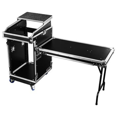 Odyssey FZGS1416WDLX - 14U Top Slanted 16U Bottom Vertical Pro Combo Rack with Casters, Side Table, and Glide Platform