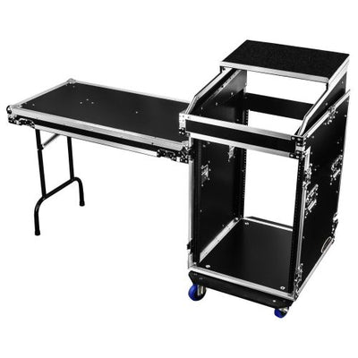 Odyssey FZGS1416WDLX - 14U Top Slanted 16U Bottom Vertical Pro Combo Rack with Casters, Side Table, and Glide Platform