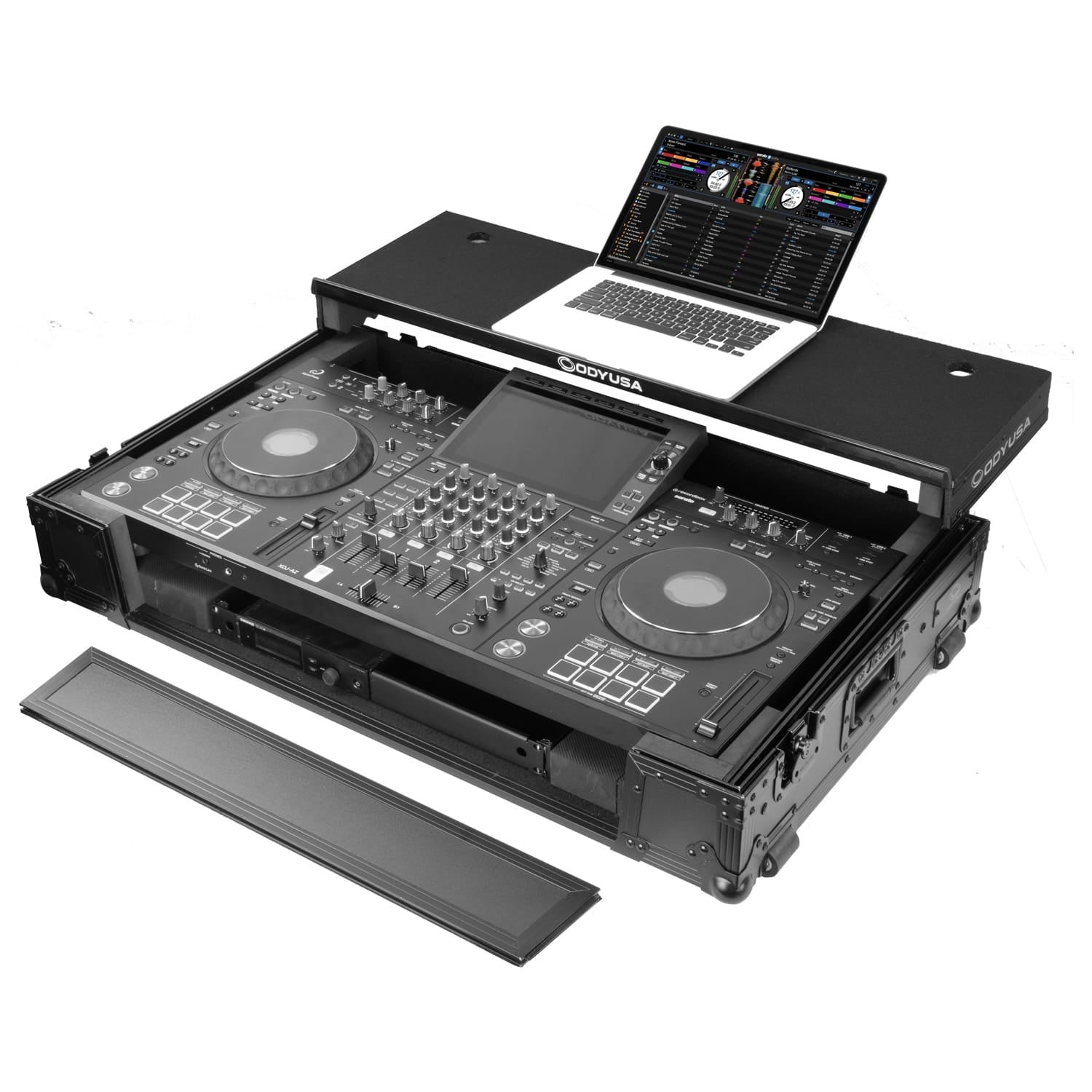 Odyssey FZGSATXDJAZWBL - AlphaTheta XDJ-AZ Dual 1U Rack Space Black Label Flight Case with Glide Style Laptop Platform and Wheels