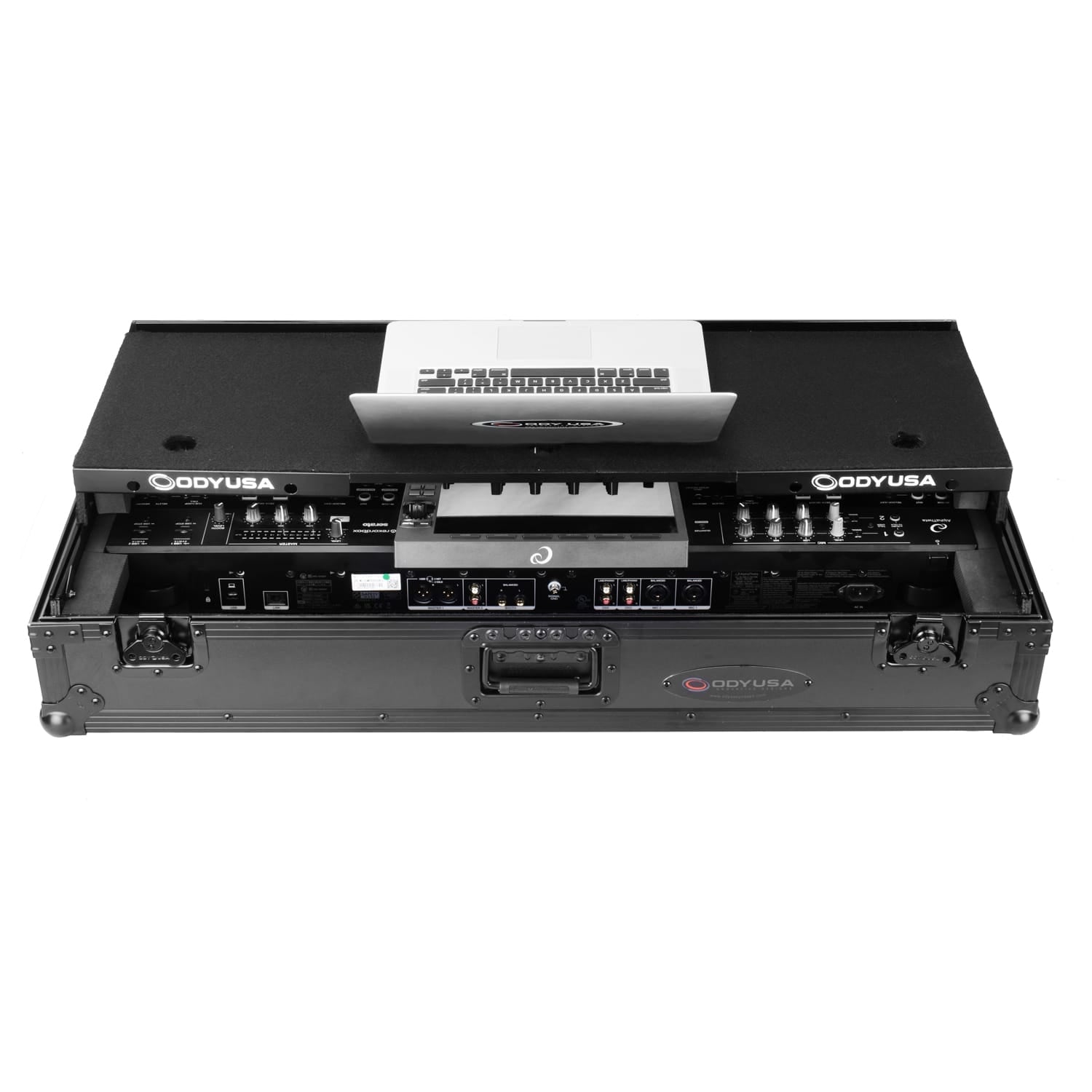 Odyssey FZGSATXDJAZWBL - AlphaTheta XDJ-AZ Dual 1U Rack Space Black Label Flight Case with Glide Style Laptop Platform and Wheels