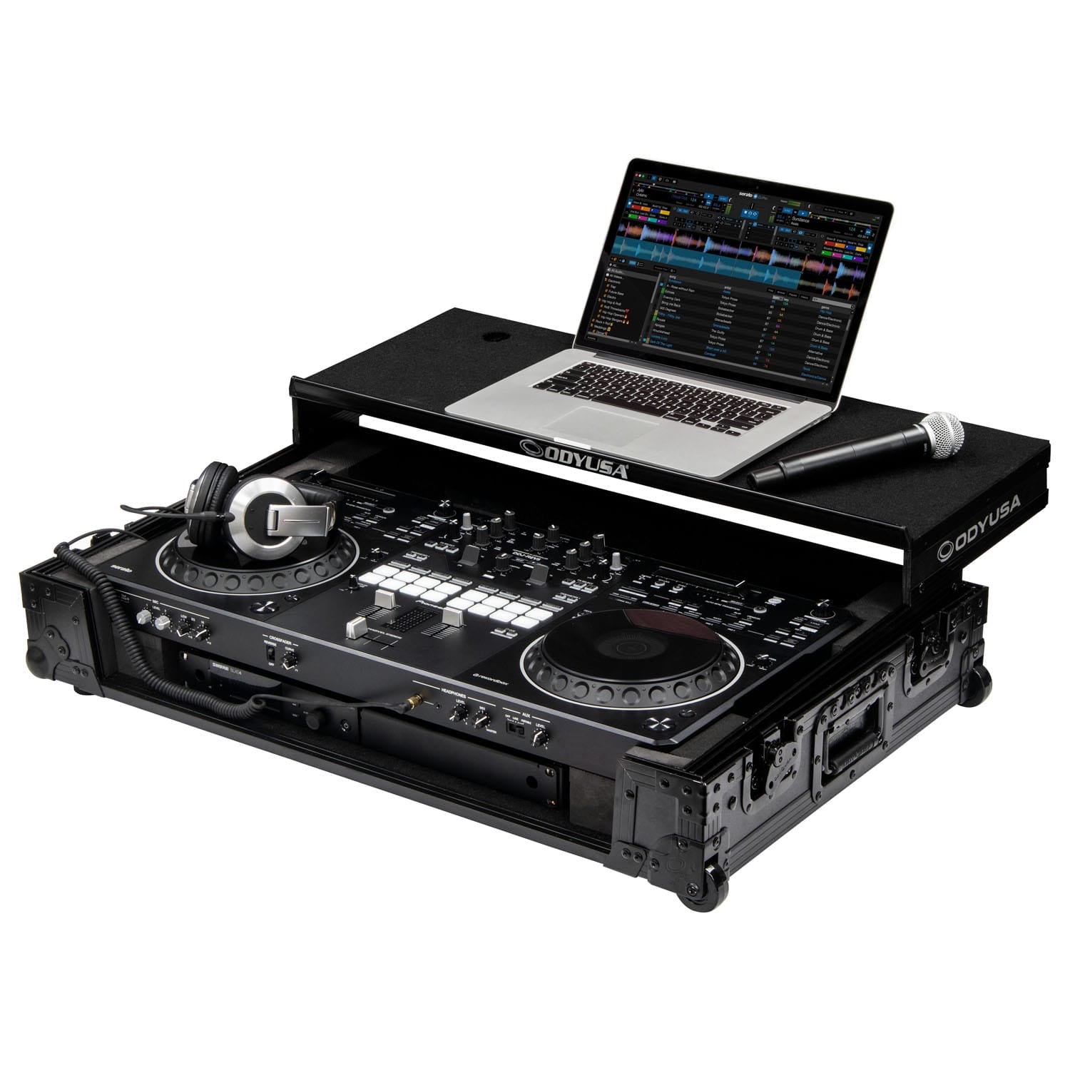 Odyssey FZGSDDJREV5CWBL - Black Label DDJ-REV5 1U Flight Case with Glide Style Laptop Platform and Corner Wheels
