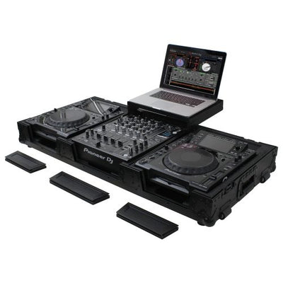 Odyssey FZGSL12CDJWRBL - Black Low Profile 12" Format DJ Mixer and Two Large Format Media Players Flight Coffin Case with Wheels and Glide Platform