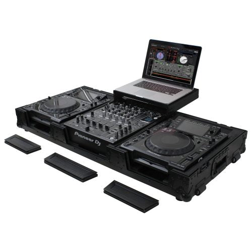 Odyssey FZGSL12CDJWRBL - Black Low Profile 12" Format DJ Mixer and Two Large Format Media Players Flight Coffin Case with Wheels and Glide Platform