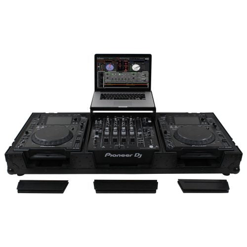 Odyssey FZGSL12CDJWRBL - Black Low Profile 12" Format DJ Mixer and Two Large Format Media Players Flight Coffin Case with Wheels and Glide Platform