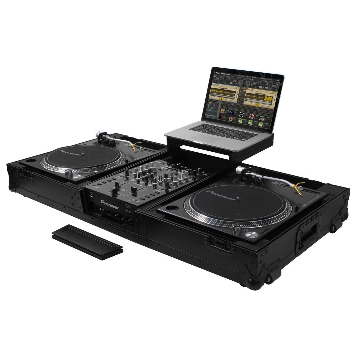 Odyssey FZGSLBM10WRBL - Black Low Profile 10" Format DJ Mixer and Two Battle Position Turntables Flight Coffin Case with Wheels and Glide Platform.