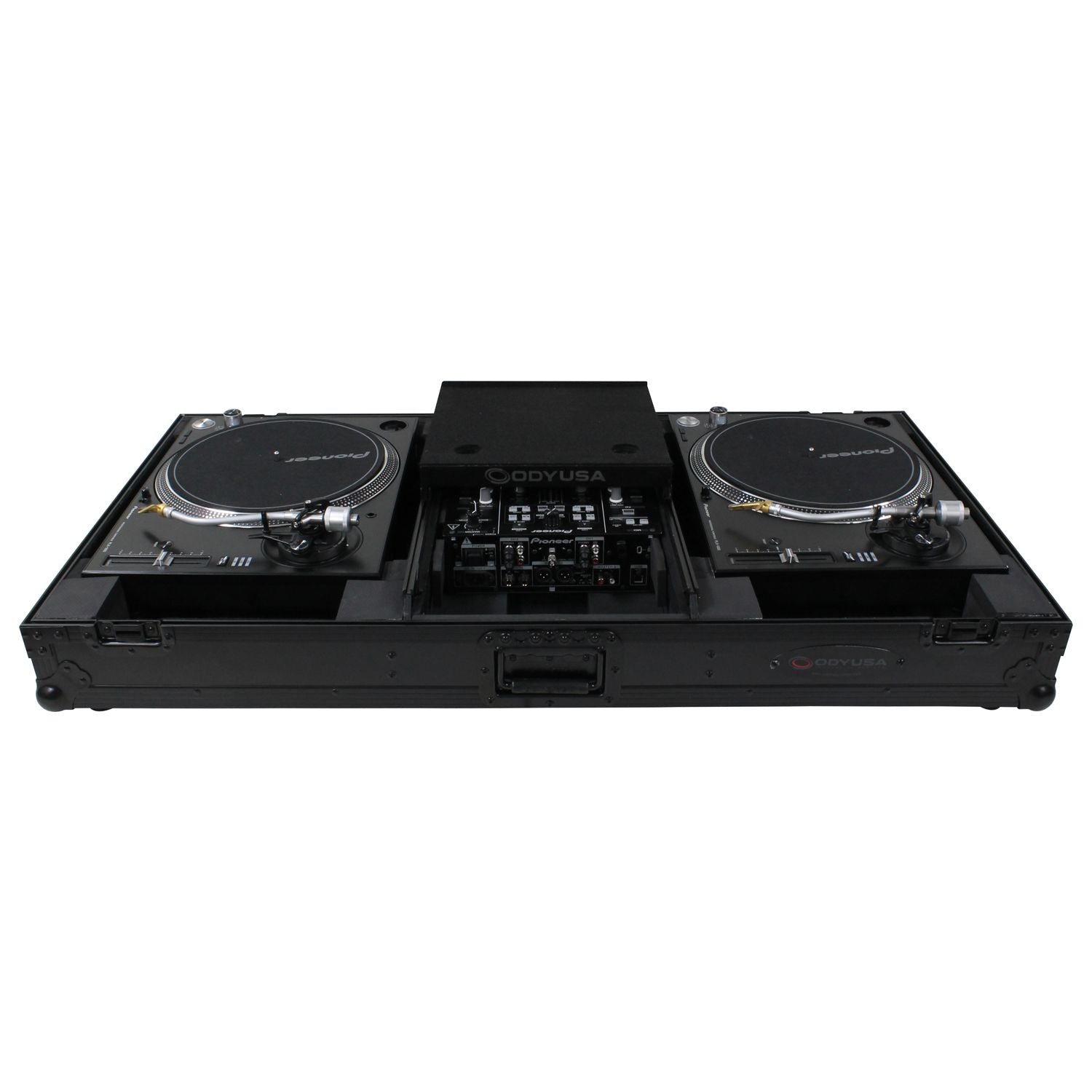Odyssey FZGSLBM10WRBL - Black Low Profile 10" Format DJ Mixer and Two Battle Position Turntables Flight Coffin Case with Wheels and Glide Platform.