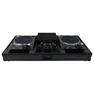 Odyssey FZGSLBM10WRBL - Black Low Profile 10" Format DJ Mixer and Two Battle Position Turntables Flight Coffin Case with Wheels and Glide Platform.